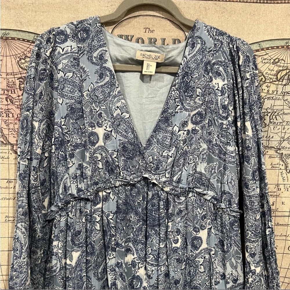 Rachel Zoe Paisley Print Blue Long Sleeve v-neck Maxi Tiered Babydoll Dress - Picture 4 of 8